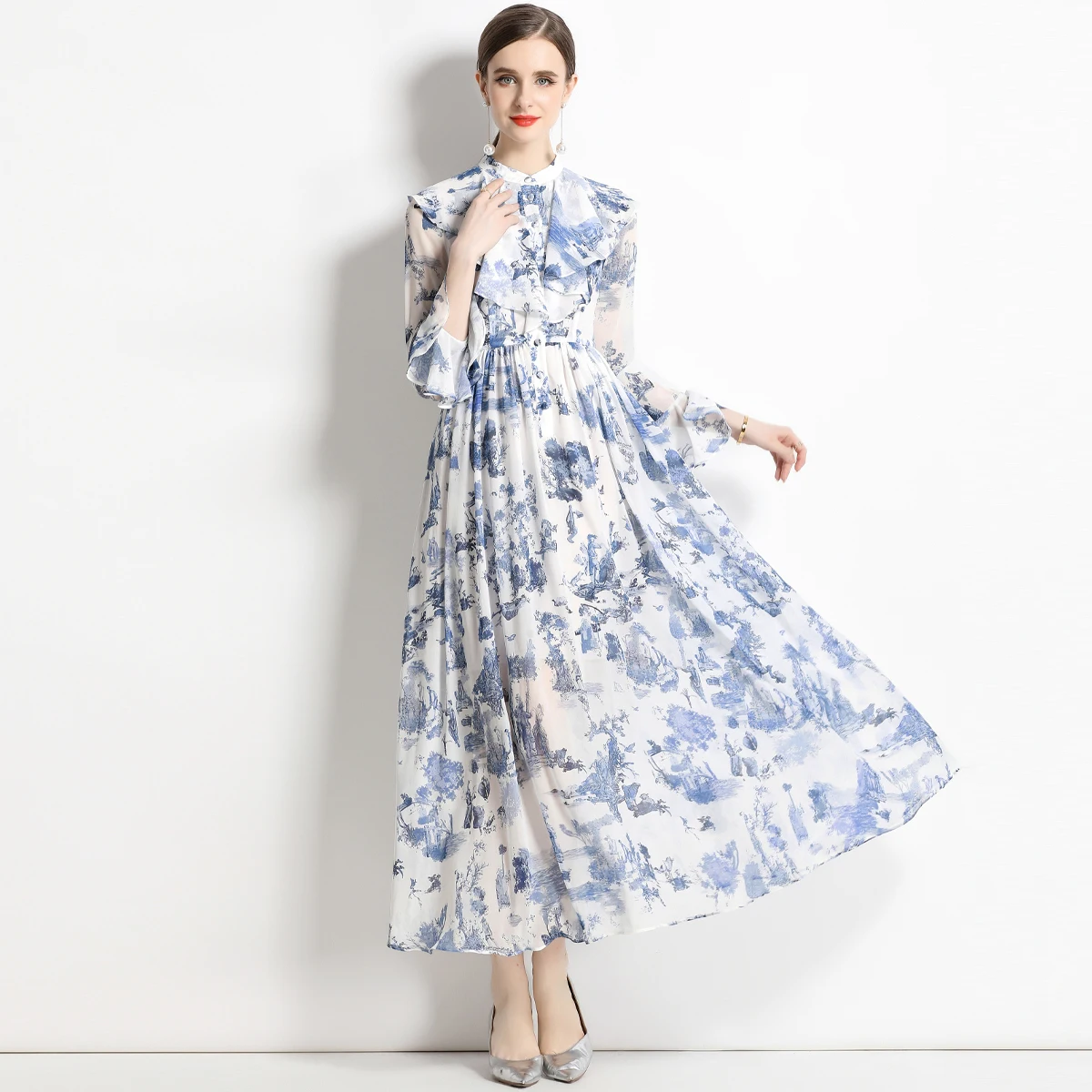 

Womens Fashion Floral Print Shirt Maxi Dress Sexy Long Sleeve Evening Party Summer Beach Sundress