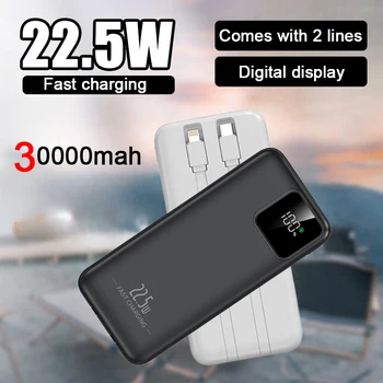 Power Bank portatile a ricarica rapida da 22,5 W Cavo integrato per batteria esterna ad alta capacità da 30000 mAh per IPhone Samsung Xiaomi Huawei