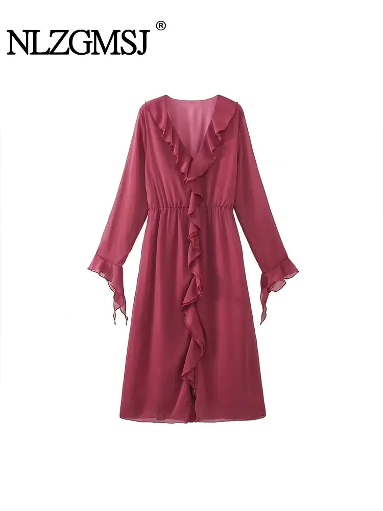 

Nlzgmsj TRAF Sweet Chiffon Ruffled Women High Waist Dress Sexy V Neck Pagoda Sleeved 2023 Autumn Lady Elegant Streetwear Vestido