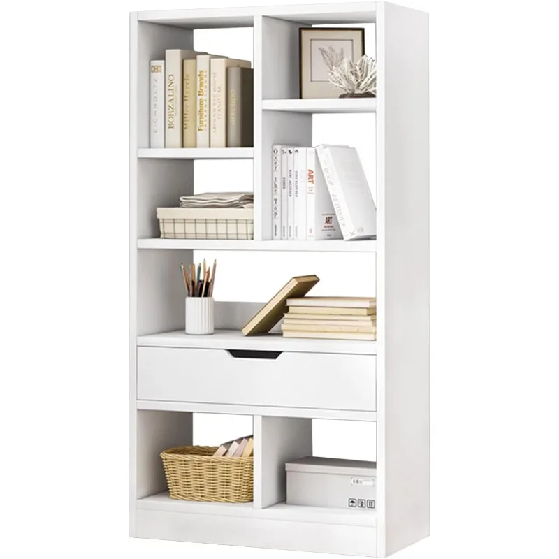 

Wooden Open Shelf Bookcase - 51 Inches Height Freestanding Display Storage Cabinet Organizer with 7 Cubes and a Drawer