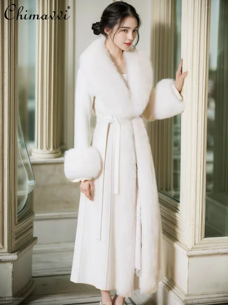 

2023 Winter Clothes New Fashion Long Woolen Coat High-End Slim-fit Temperament Warm Imitation Fox Fur Collar Long Jackets Women
