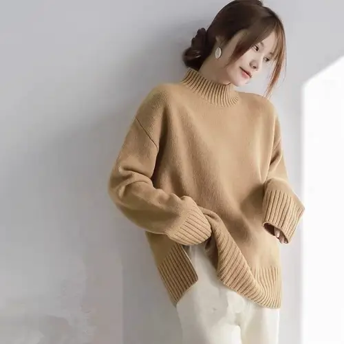 European100% pure cashmere sweater women's half turtleneck slit short sweater lazy loose knit base shirt 2023 autumn and winter - Image 11