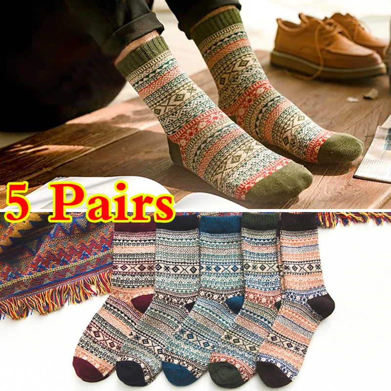 

5 Pairs Winter Thickened Socks For Women Men Harajuku Vintage Cotton And Wool Blended Casual Socks Warmth Mid-tube Socks