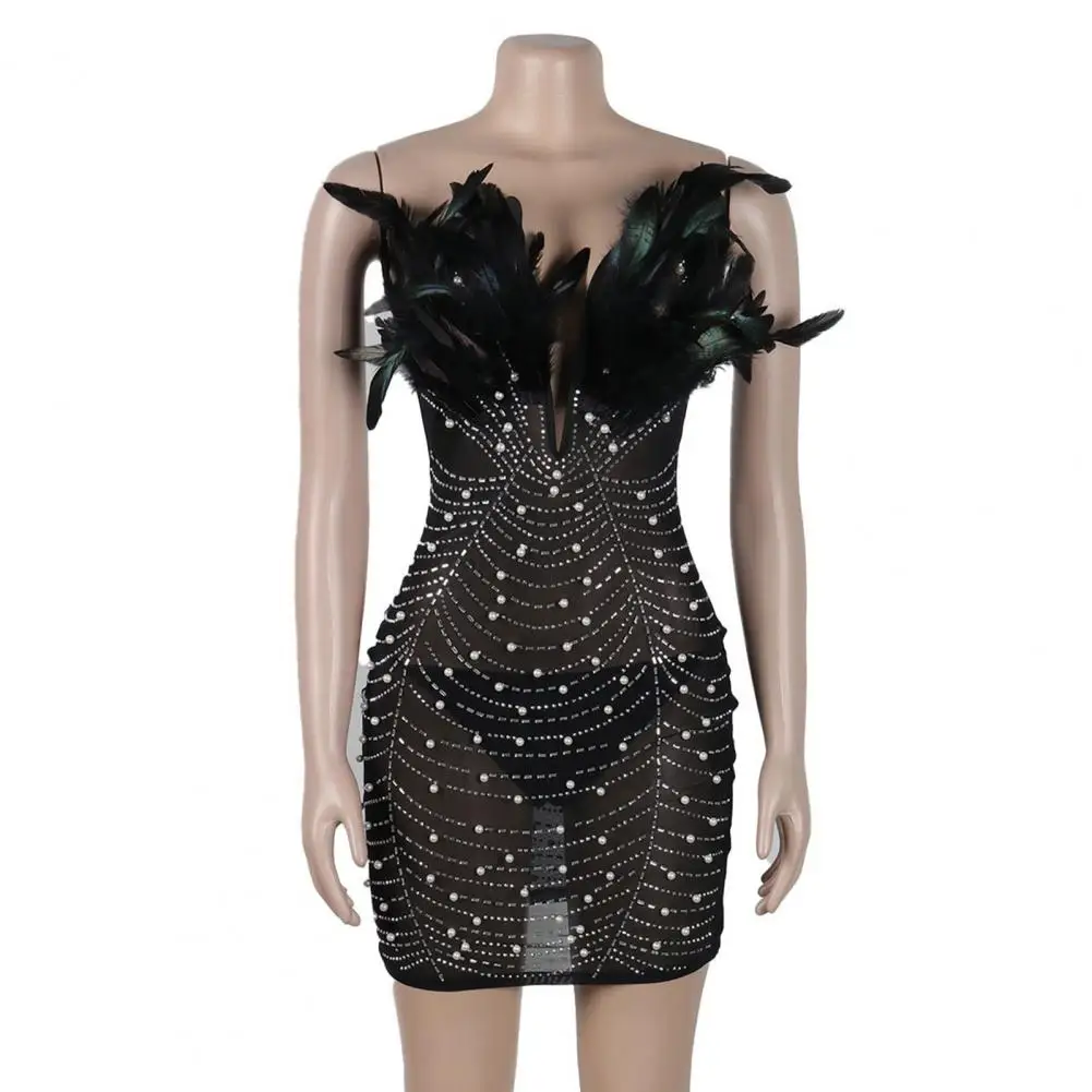 Banquet Mini Dress Solid Color Dress Elegant Lace Prom Dress Panties Set With Rhinestone Pearl Decor Off Shoulder Feather Detail