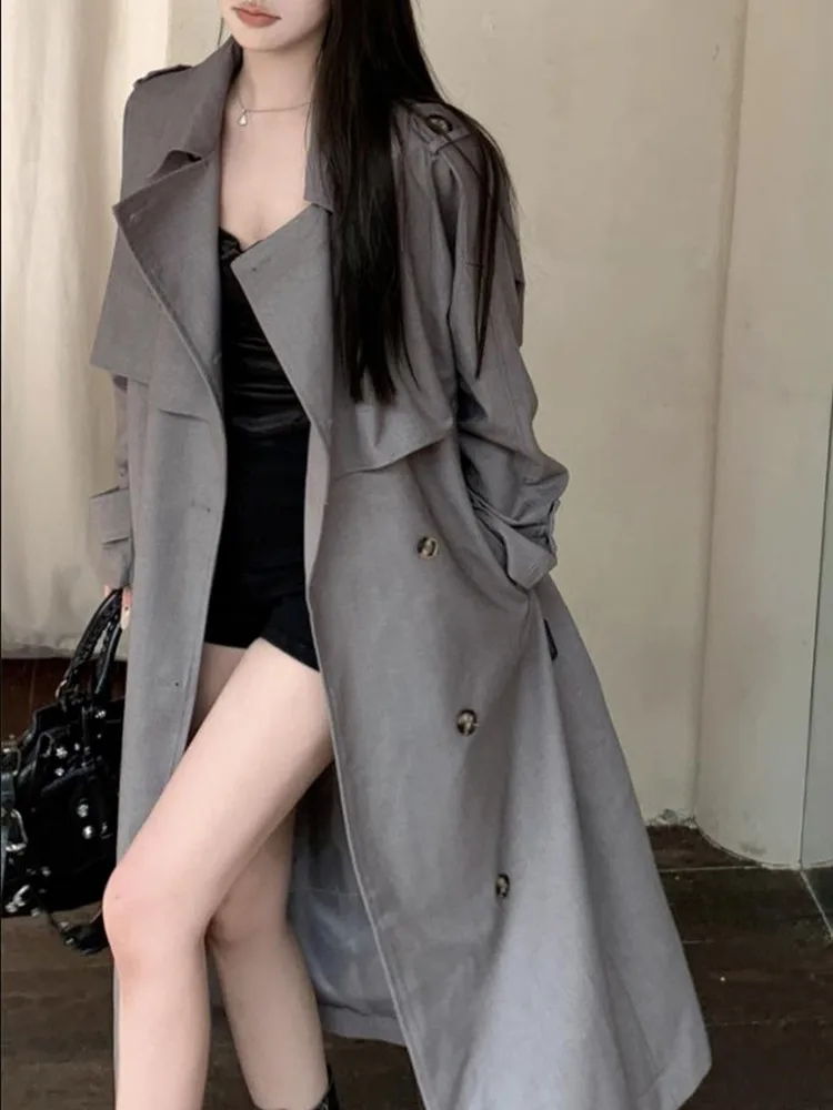 Grey Medium Length Trench Coat For Women's Winter New Belt Waist Tied British Long Coat Trench Women Knee Length Windbreak Coat