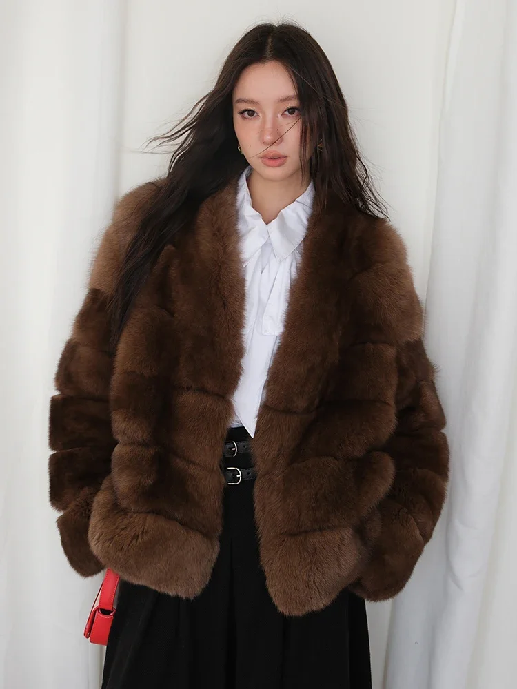 

High-end Luxury Fox Fur Jacket for Women 2024 New Fluffy Simple V-neck Elegant Winter Genuine Leather Real Fur Coat