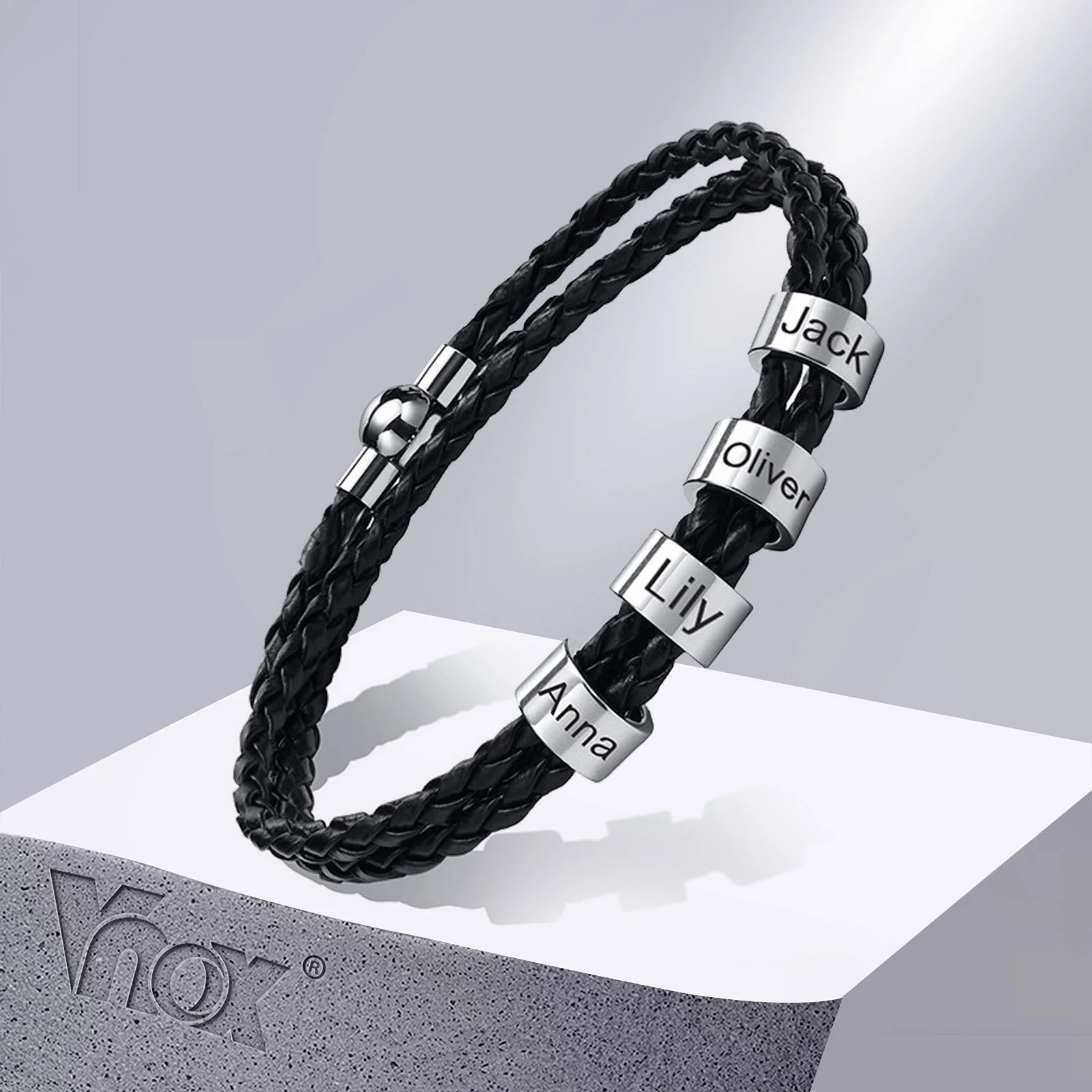 Vnox Free Custom Name Mens Braided Genuine Leather Bracelet Gifts Jewelry,Stainless Steel Beads Charm with Family Names
