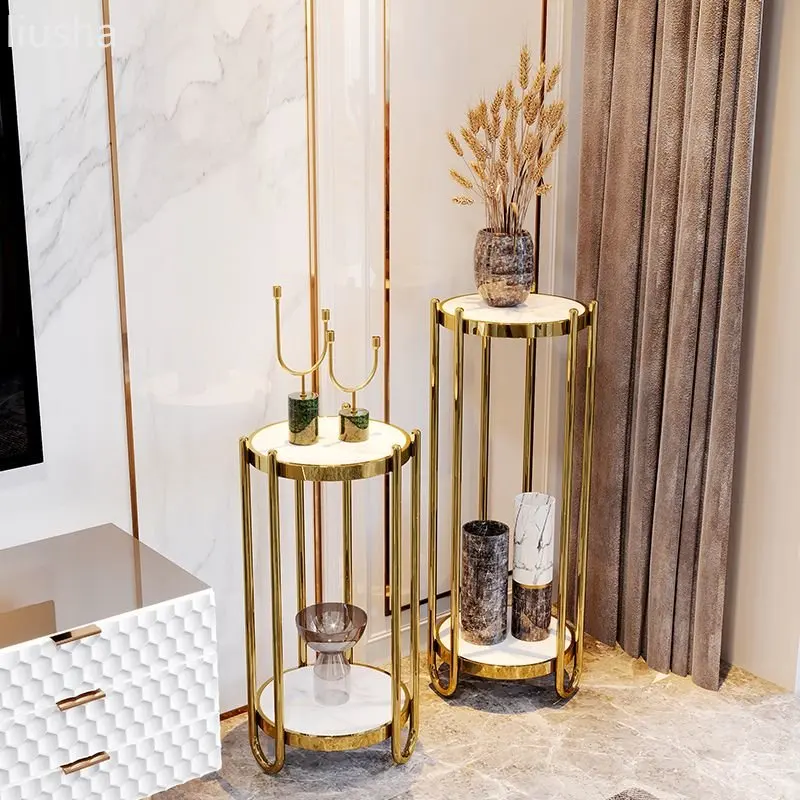 

Light luxury stainless steel marble flower stand living room simple round flower pot rack floor-standing decorative pendulum