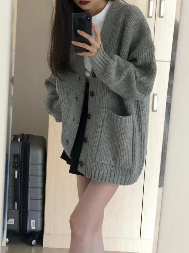 Autumn Winter Women Cardigan Sweater Coats Fashion Female Long Sleeve V-neck Loose Knitted Jackets Casual Sweater Cardigans