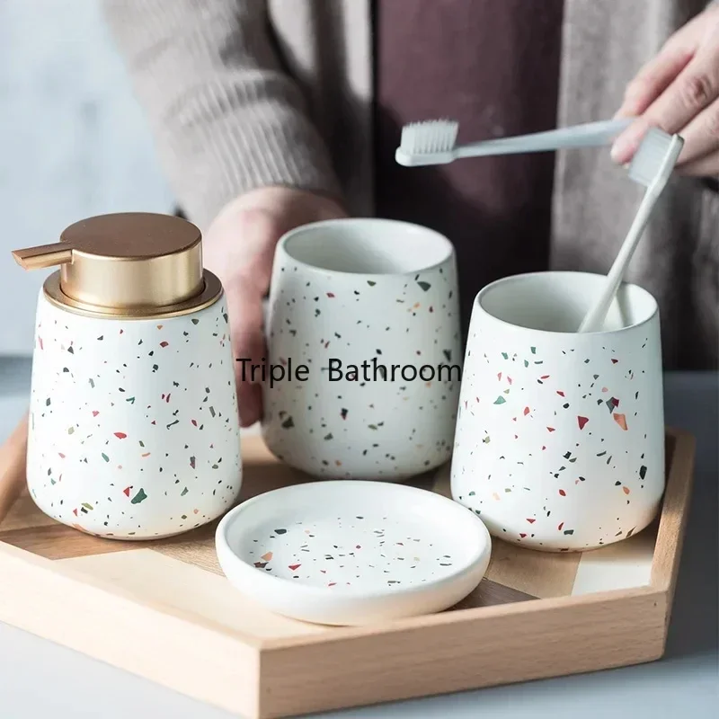 European Bathroom Decoration Bathroom Accessories, Terrazzo Ceramic, Emulsion Bottle, Gargle Cup, Soap Dish, Art Supplies