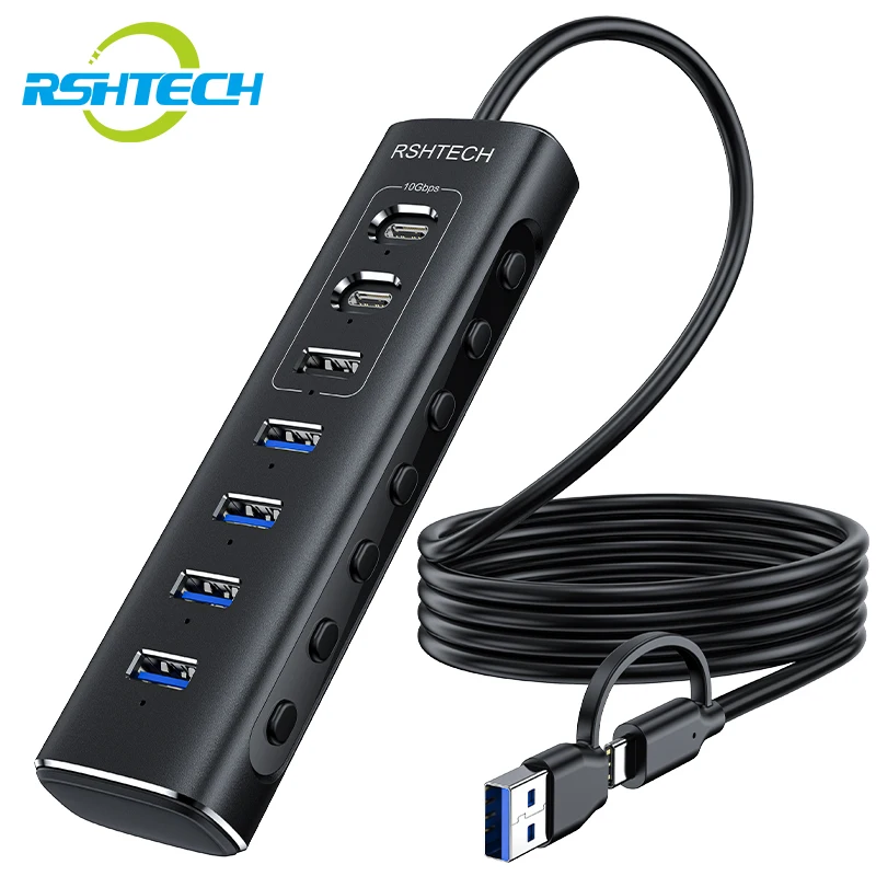 Rshtech A107C Hub Usb Alimentato 7 Porte 10Gbps Usb 3.2 Tipo C Interruttori On/Off Individuali Adattatore Espansore Usb In Alluminio Per Pc Portatile