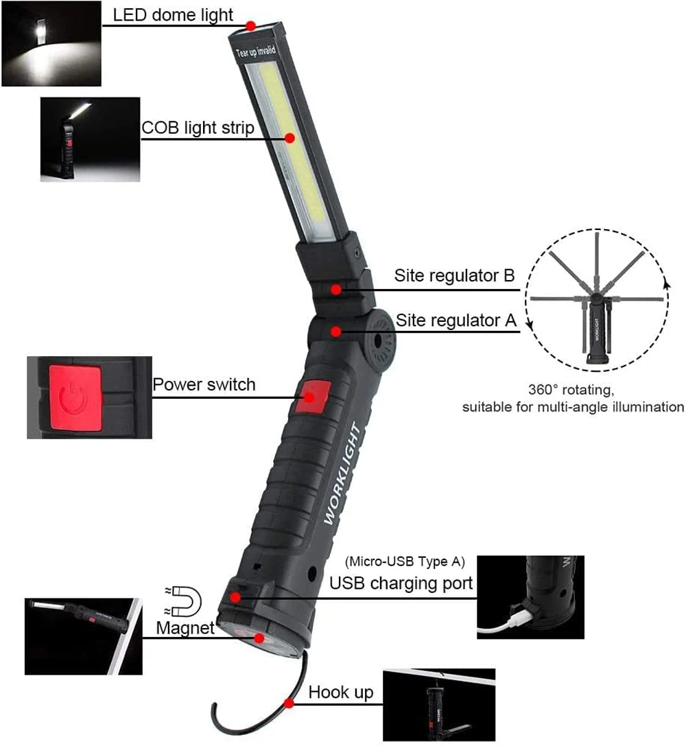 USB Rechargeable Portable COB LED Flashlight Work Light Magnetic Lanterna Camping Torch with Built-in Battery,led flashlight,led work light,work light,camping lights,camping lamp