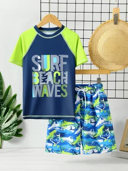 Boy Kids Swimsuit 2026 New Short Sleeve Letter Children Swimwear Summer Beach Shorts Two Piece Beachwear Bathing Suit Swimming