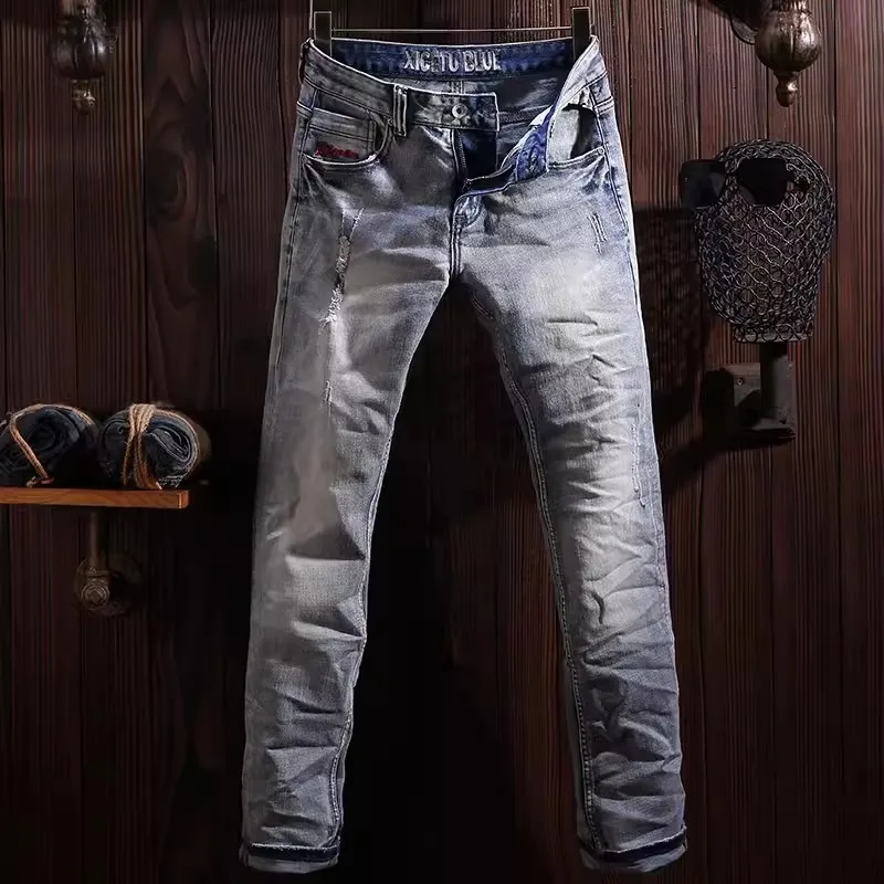 Street Fashion Men Jeans High Quality Retro Light Blue Stretch Slim Fit Ripped Jeans Men Embroidery Designer Vintage Denim Pants
