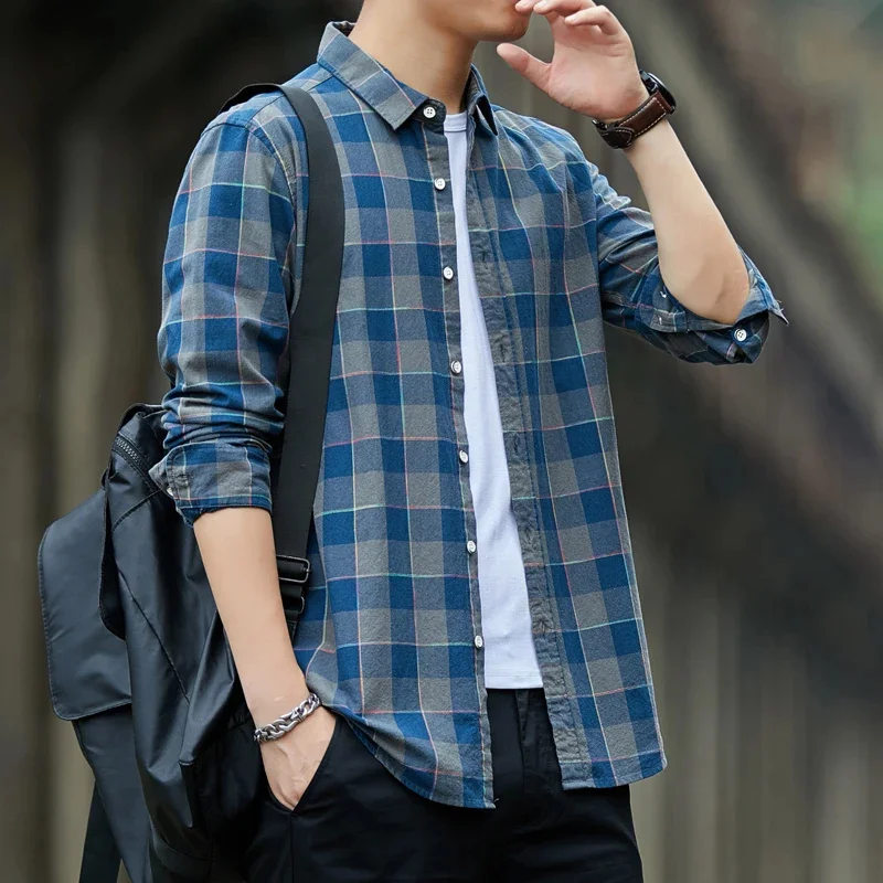 Spring Autumn New Korean Casual Fashion Simple Print Plaid Shirt Men Lapel Button Vintage Loose Trendy Cotton Long Sleeved Top