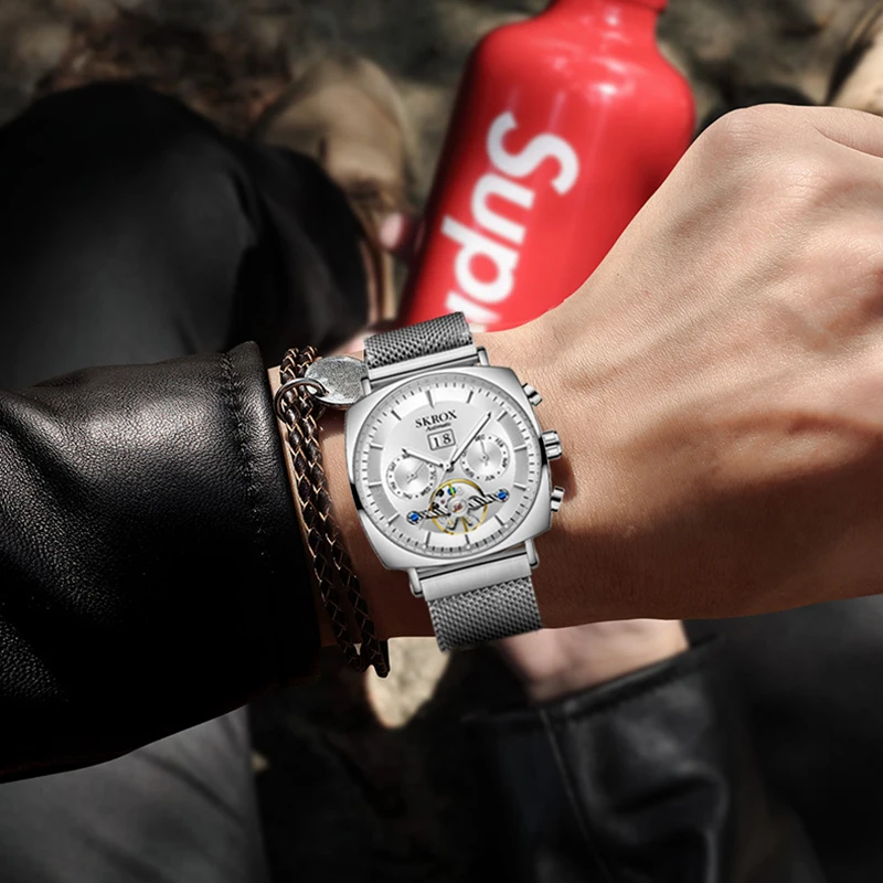 SKROX Original Square Tourbillon Skeleton Automatic Movement Man Watch Mechanical Men's Wrist Watches High-End Luxury Clockwork