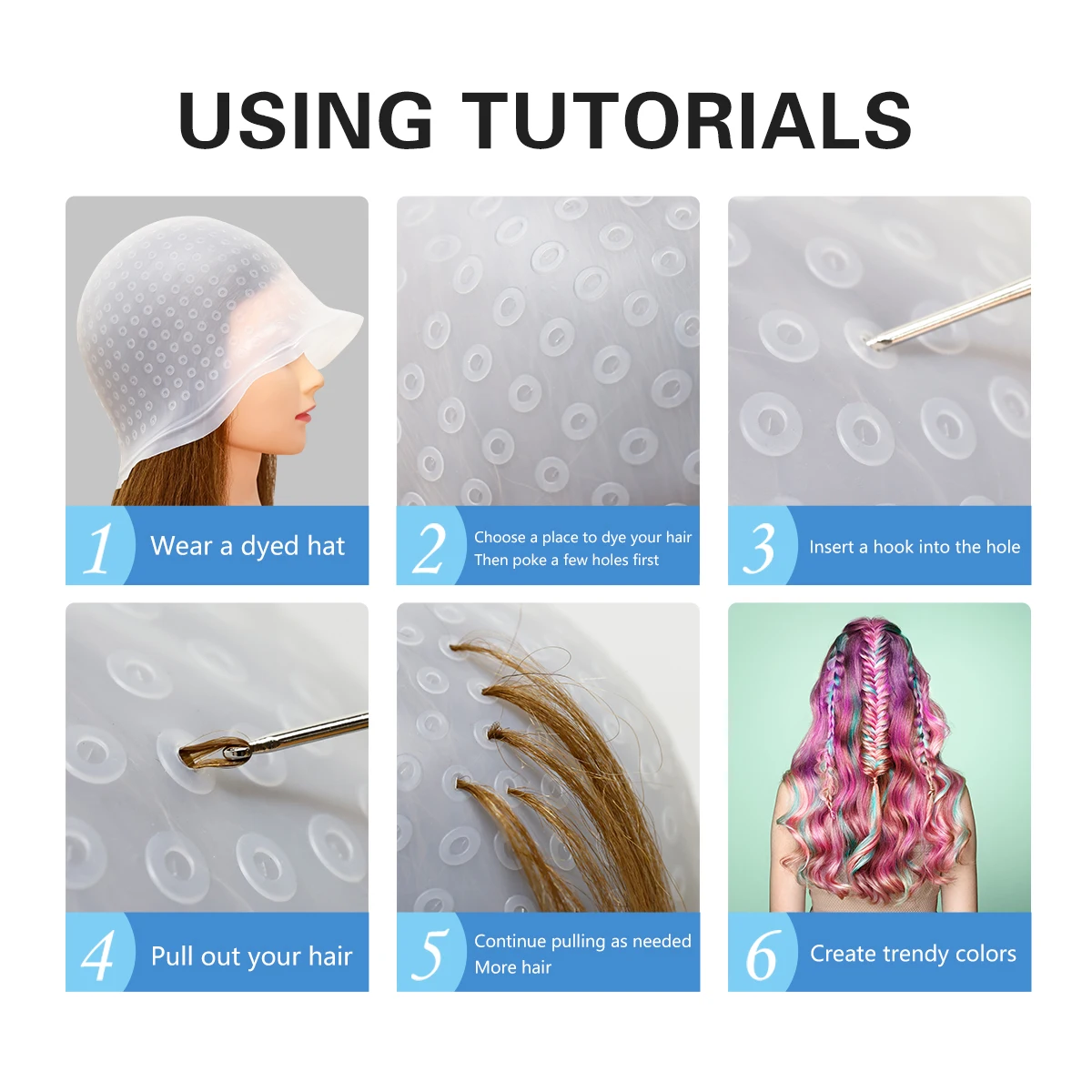 살롱 헤어 컬러링 하이라이트 염색 캡, 재사용 가능한 틴트 헤어 모자, 크로셰 후크 포함, 전문 이발 도구 용품, 4 색