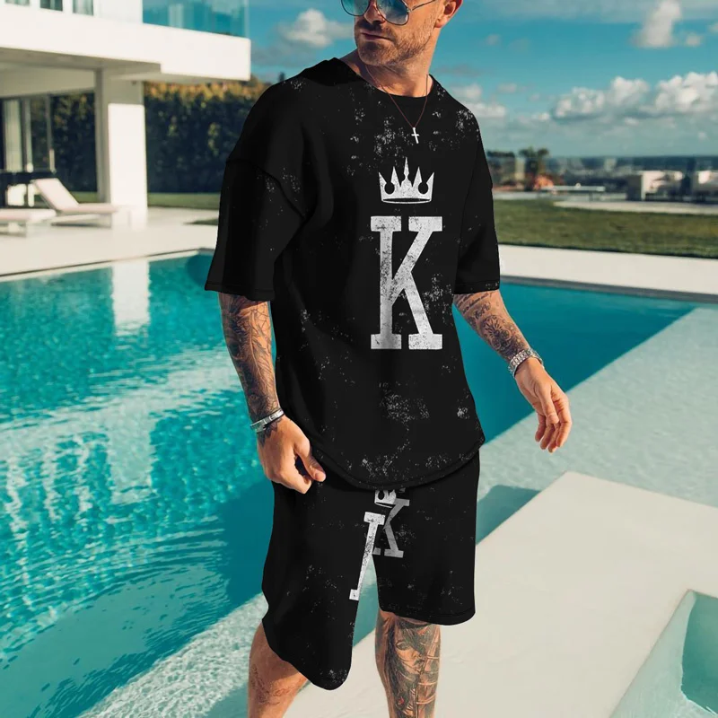 Mens Summer Clothes Letter K Pattern Sports Jogging T Shirt 3D Printed O-Shaped Round Neck Fashion Casual Outfit Tracksuit Set summer men comfortable fashion tracksuit casual 3d print pattern set short sleeved t shirt round neck style elastic shorts