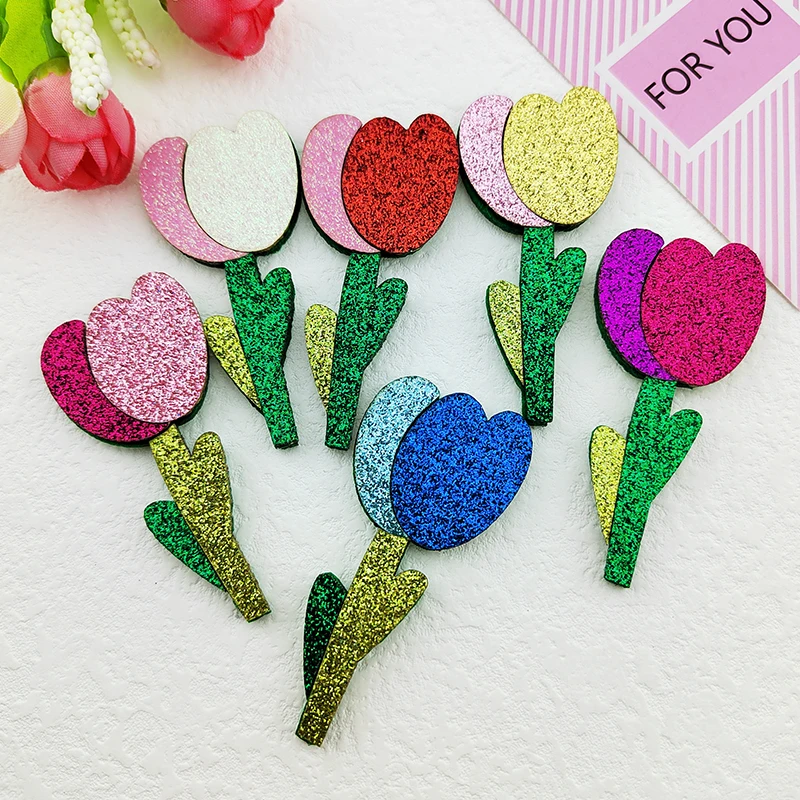 Gepolsterte Applikationen für selbstgemachte Kopfbedeckungen, Haarspangen, glitzernde Tulpenblütenform, Dekor-Kleiderflicken, 3 x 6,5 cm, 20 Stück/Lot
