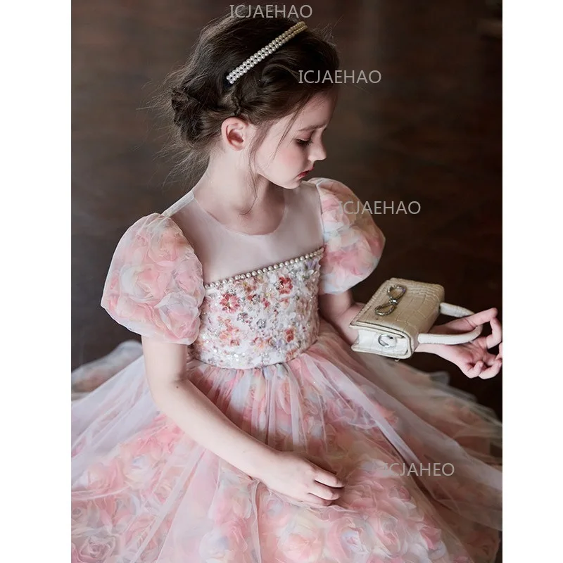 Girls Dress Little Girls Forest StyleFormal Gown 2026 New Summer Arrival Costume Pink Floral Birthday Princess Dress Stylish - 3