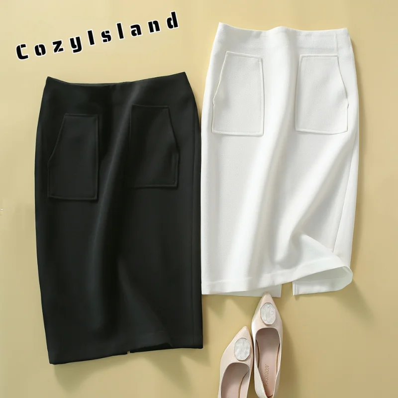 Commuter Skirt Spring Women Side Split Wrapping Hips Skirts Black White Quality Japanese Office Ladies Viscose Knitted Clothes 2023 ladies elastic waistband fashion wide waistband casual dress with black metal buckle belt luxury designer belts for women