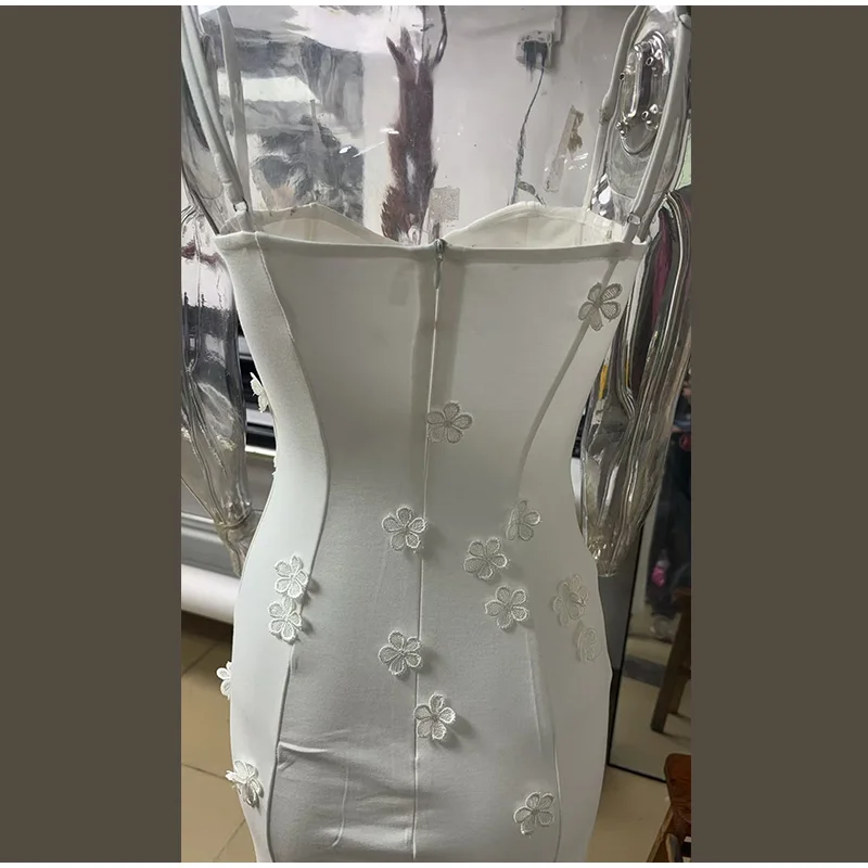 Sexy 3D Flowers Sling Tube Dresses Women Vintage Solid Slim Fit Sleeveless Slit Long Dress Female Spring Chic Evening Vestidos