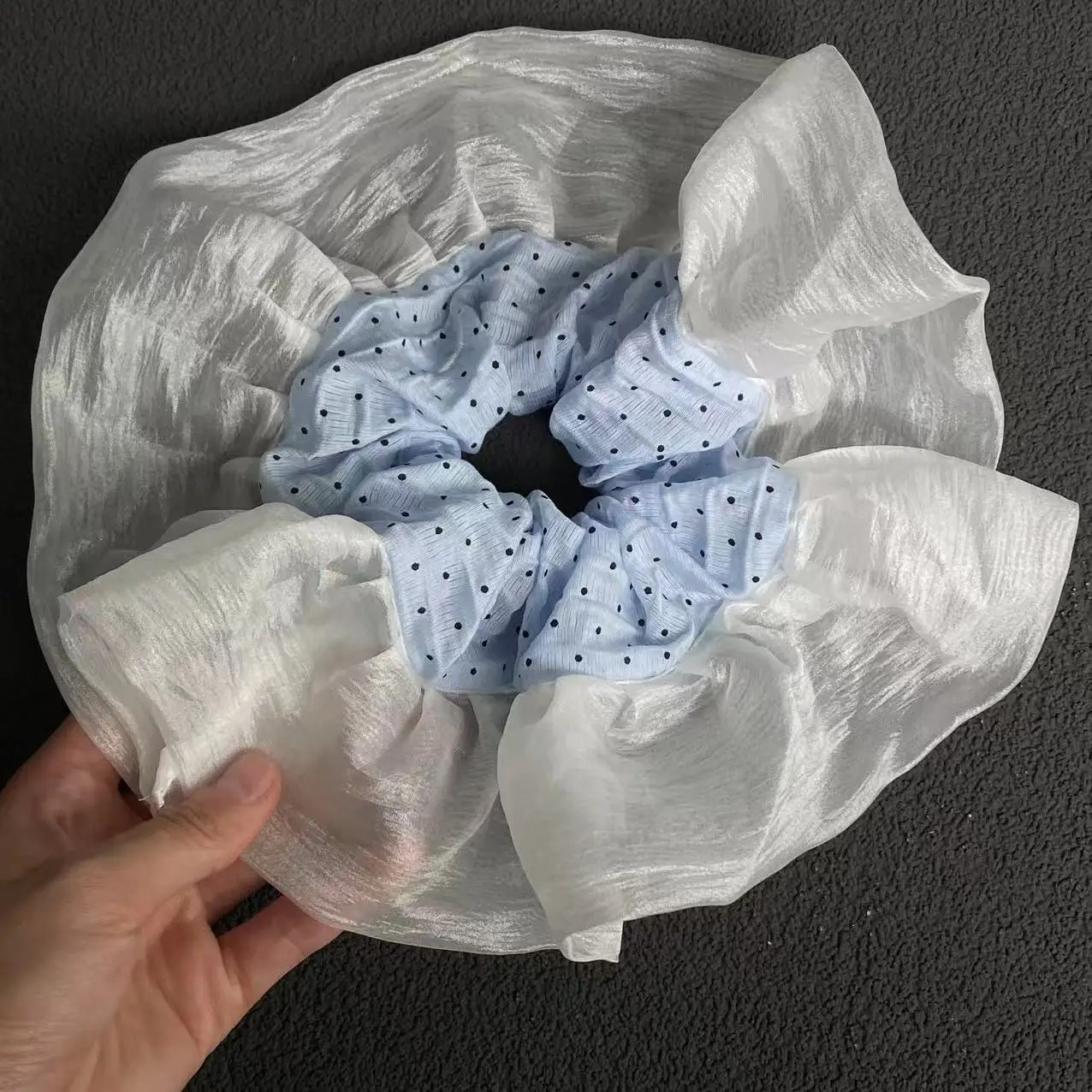 1PC Elegant Organza Hair Scrunchies With Blue Polka Dot Center, Romantic Hair Accessories For Women