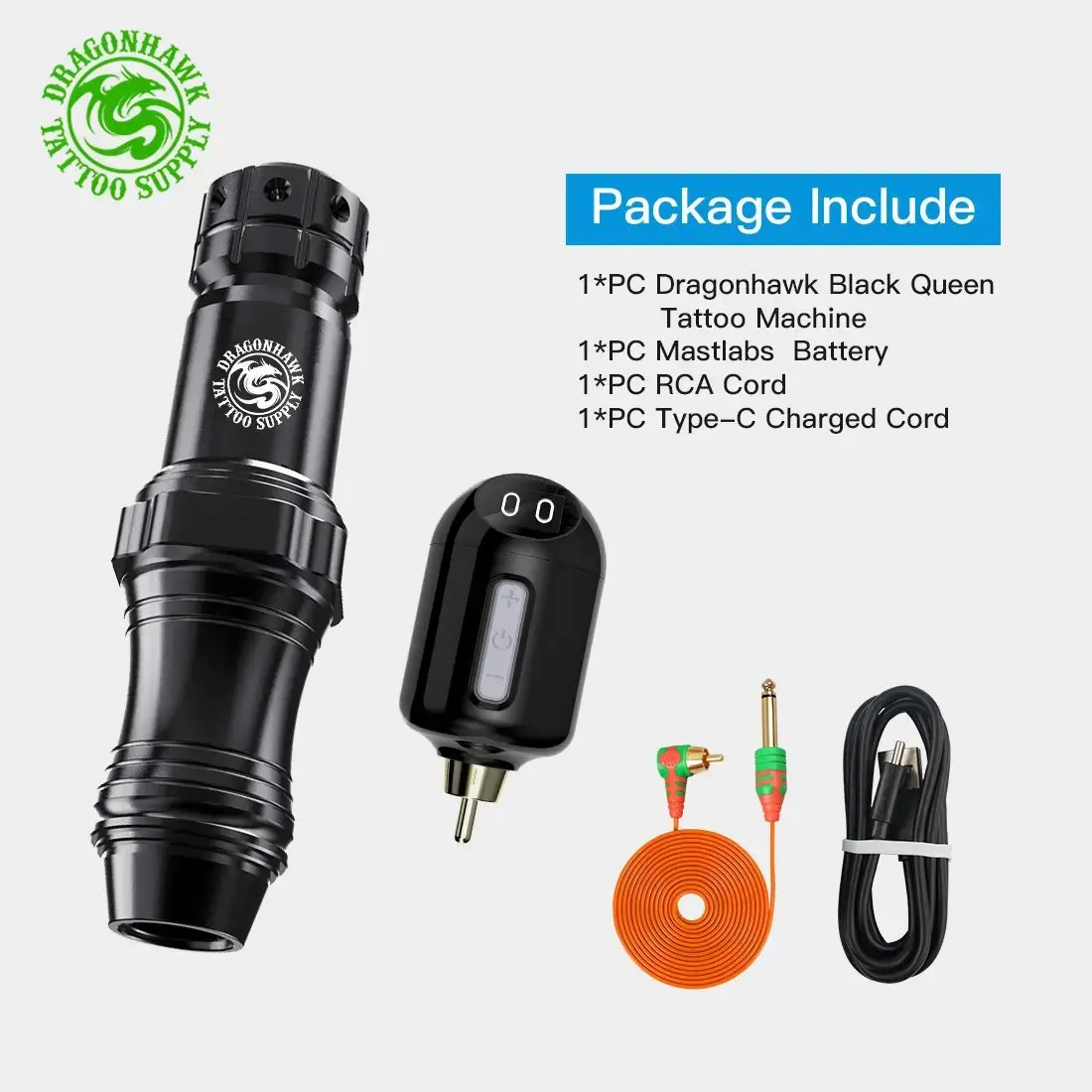 

Dragonhawk Black Queen Rotary Tattoo Machine Kit with Mastlabs Wireless Battery LED Rechargeable Makeup Set