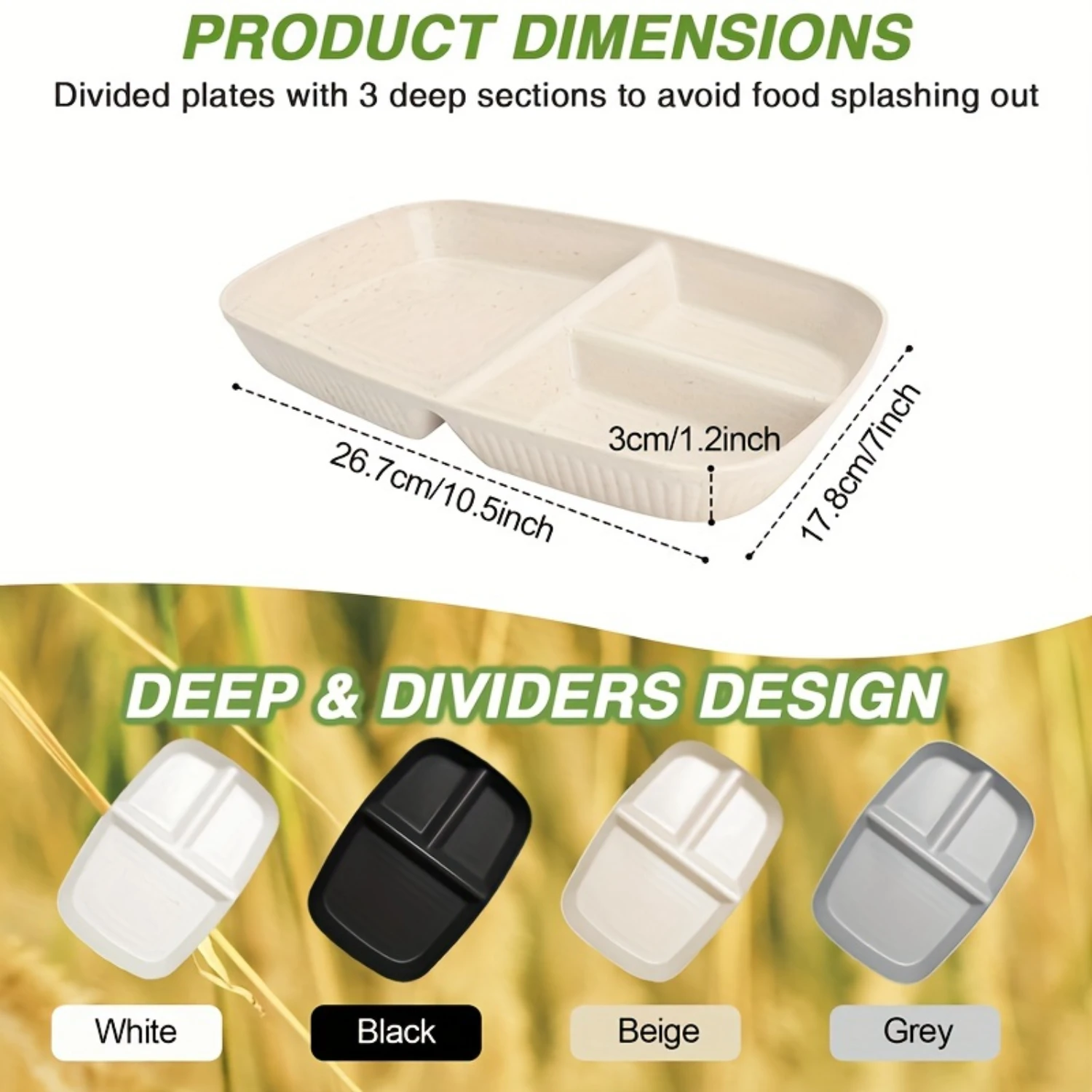 Food Grade Wheat Straw & BPA Free PP Divided Plates with 3 Deep Sections for Adult Meals Perfect for Salads, Pasta, and More