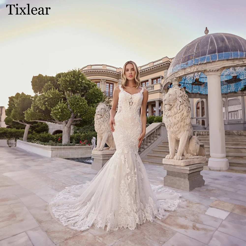 

TIXLEAR Charming Wedding Dresses For Woman Sweetheart Mermaid Spaghetti Straps Open Back Appliques Gorgeous Vestidos De Novia