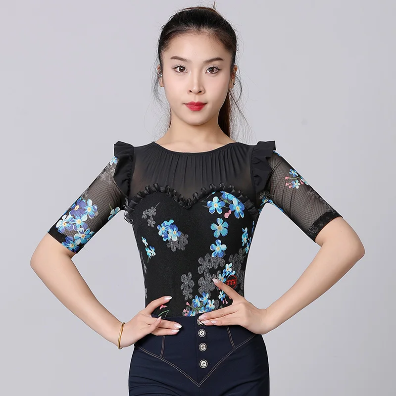 

2023 Latin Dance Training Clothes Summer Medium Sleeve Bodysuit International Modern Dance Top Latin Performance Wear DN14965