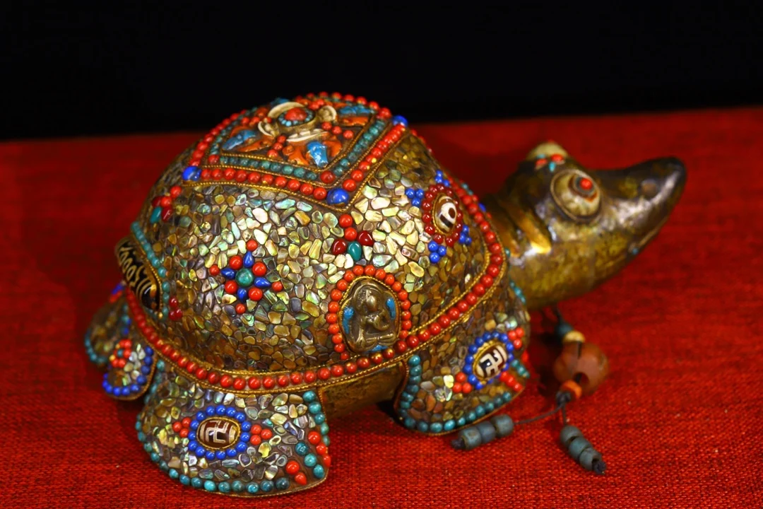 

9"Tibet Temple Collection Old Natural Meteorite Gem gZi Beads shell Fortune turtle Longevity turtle Pendant Amulet Dharma