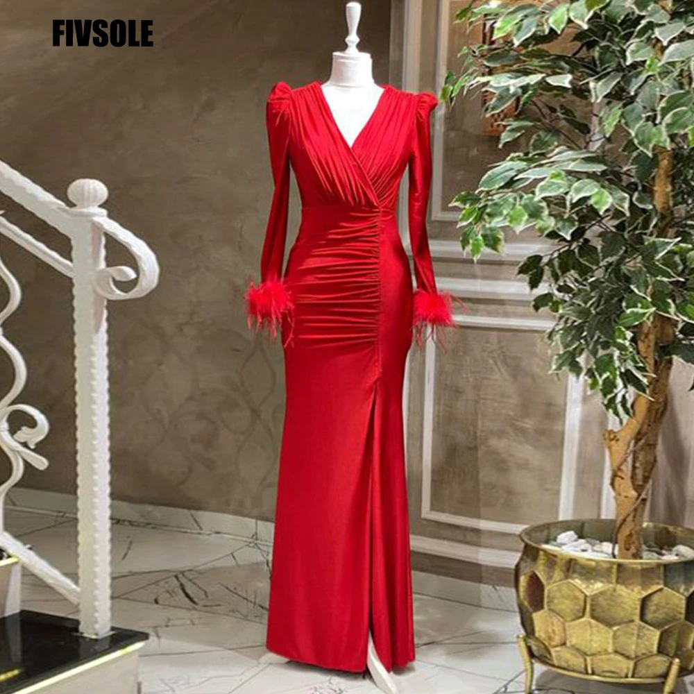 

Fivsole Elegant Long Red Mermaid Prom Dress Full Sleeves With Feathers Evening Gowns Party Graduation Dresses Vestido De Noche