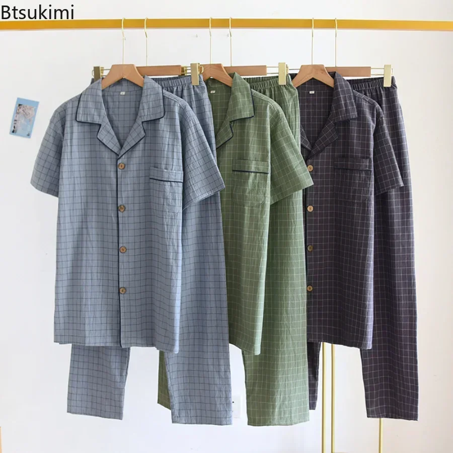 Men's Spring Summer Pajamas Short Sleeved Top and Pants Washed Cotton Simple Plaid Home Service Suit Pantalon Pijama Hombre