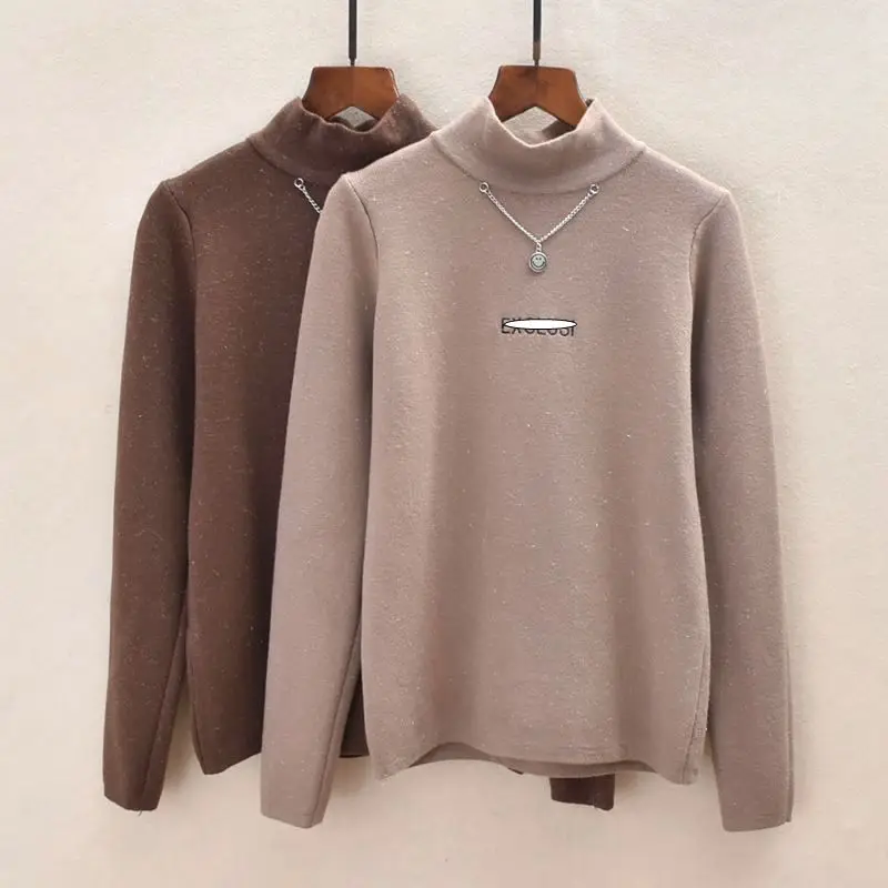 

Velvet Autumn And Winter Wear, Thickened Embroidered Letters, Gold And Silver Thread Yarn, Semi-high Neck Versatile Knitwear