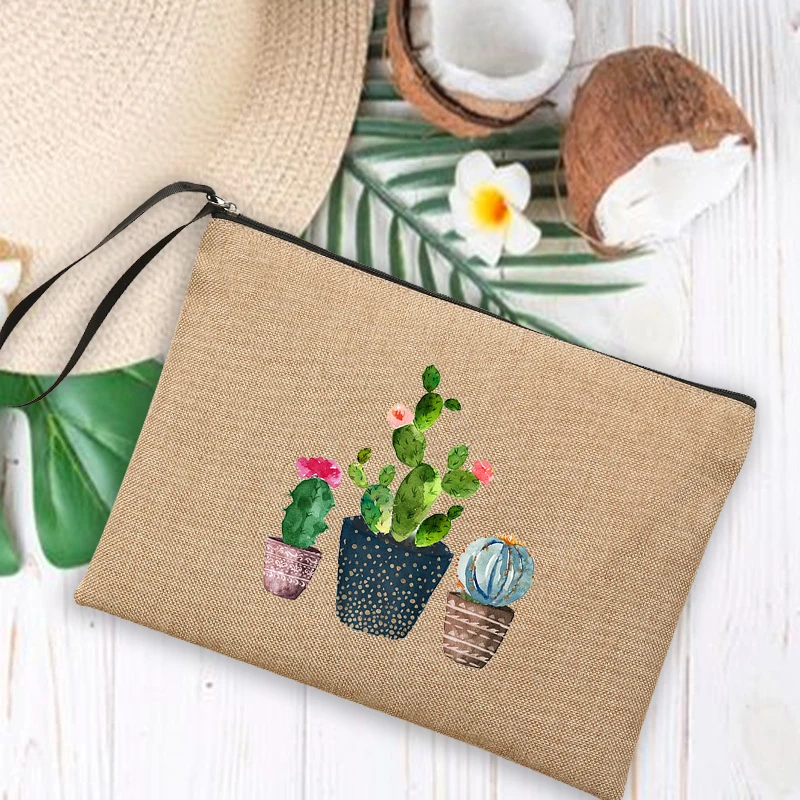 Cactus Print Linen Bag Women Makeup Bags Summer Outdoor Beach Handbags Female Cosmetic Storage Pouch Travel Wash Organizer Gifts 5