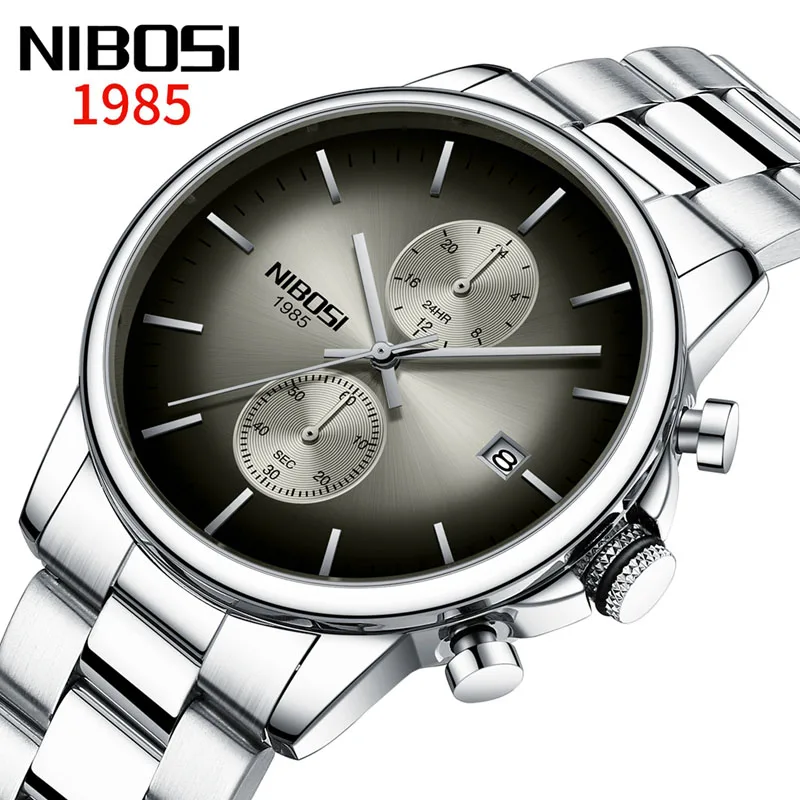 

NIBOSI Brand Fashion Grey Dial Quartz Watch Men Stainless Steel Waterproof Calendar Chronograph Watches Mens Relogio Masculino