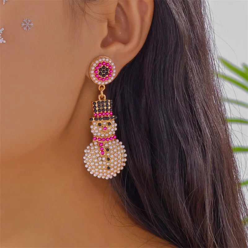 Licht Luxus Voller Strass Schneemann Baumeln Ohrringe für Frauen Kreative Schneeflocke Santa Claus Ohrringe Freundschaft Party Schmuck – Detail 1