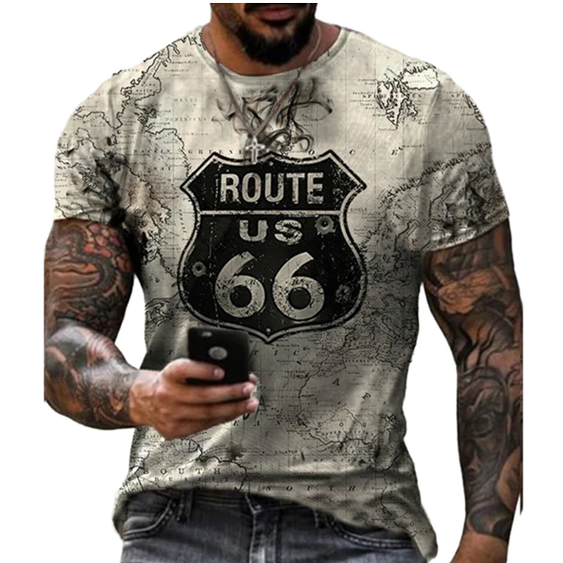 Summer New Men's Retro T-shirt US Route 66 Letter Print Short-Sleeved Oversized Loose y2k Clothes O Neck Top Streetwear 6xl