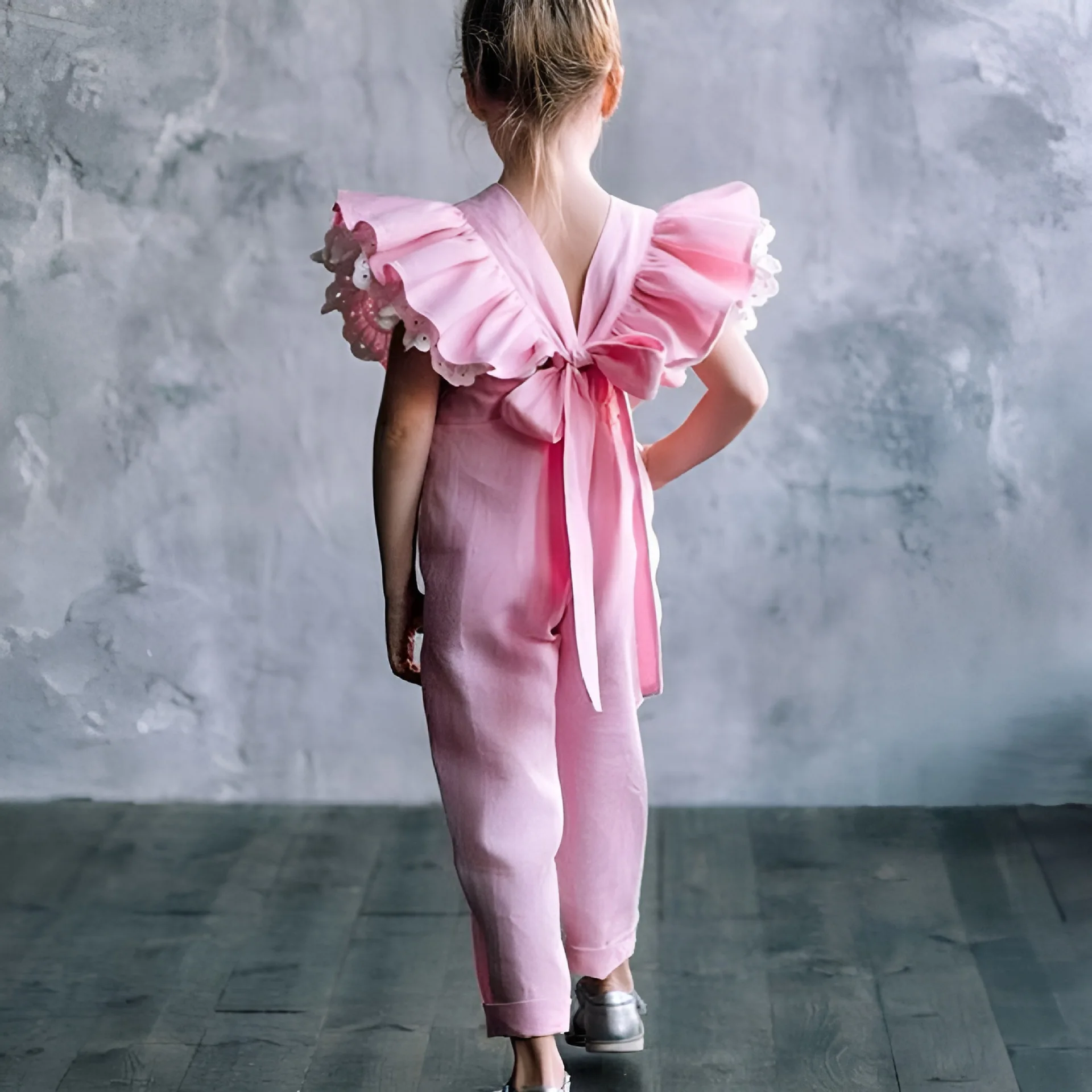 

Summer Girls Fly Sleeve Jumpsuits Teen Girls Pink Bandage Bow Long Playsuits Children New Casual Loose Outfits Kids Jumpsuits