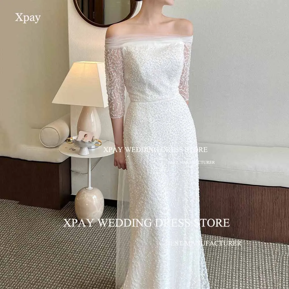 

XPAY Luxury Off Shoulder Korea Lace Wedding Dresses Mermaid 3/4 Sleeve Vintage Bridal Gown Photos Shoot Beading Bride Dress