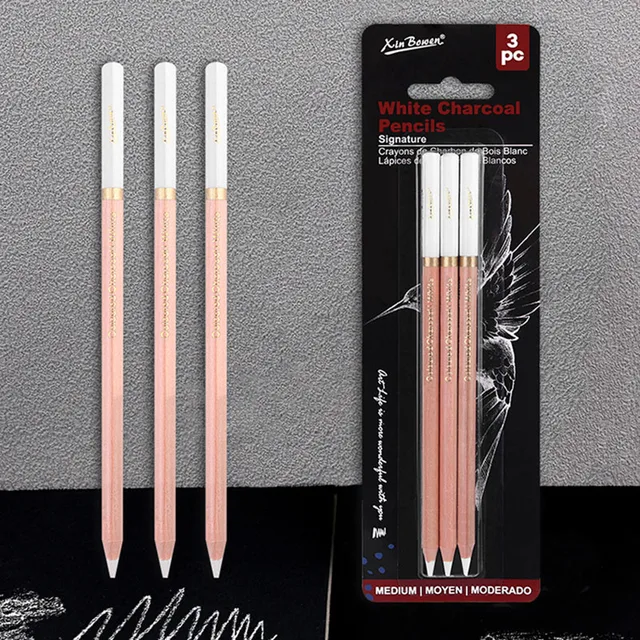 3Pcs Professional White Charcoal Pencils Set Sketch Highlight White Pencils for Drawing, Sketching Shading Blending Art Supplies 1