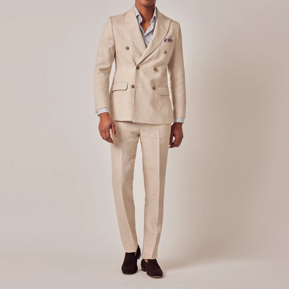 Beige Summer Linen Double Breasted Men Suits Smart Casual Slim Fit Blazers Peak Lapel High Quality Custom 2 Piece Costume Homme