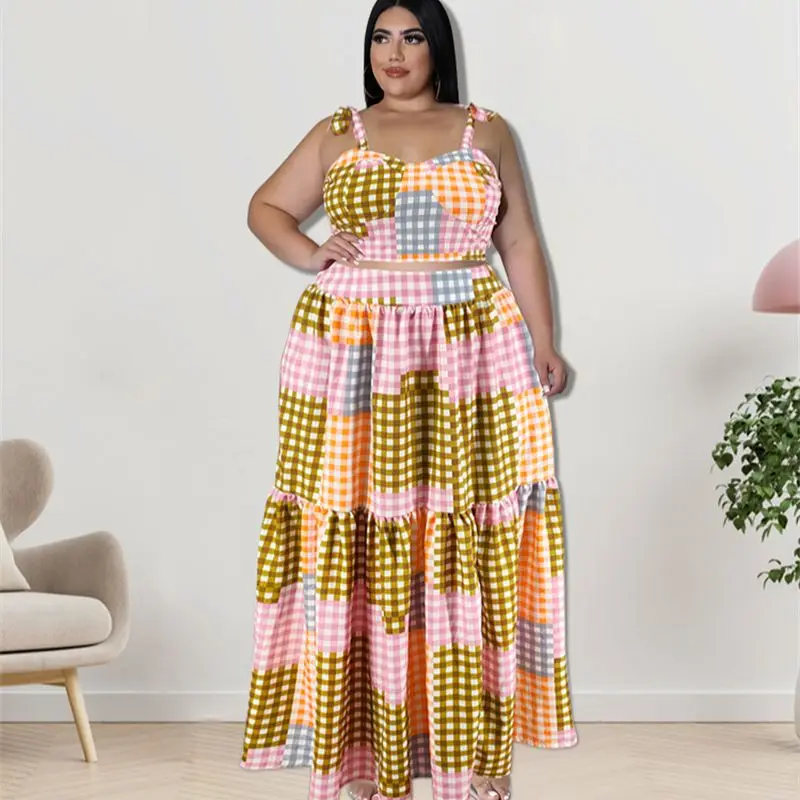 Plus Size Two Piece Dress Plaid Sleeveless Top Casual Loose Dress Korean Style Elegant Outfit 2023 Summer Female Matching Sets