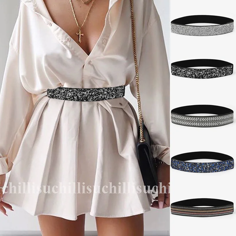NewBlingRhinestonesElasticBeltsforWomenFullCrystalGem