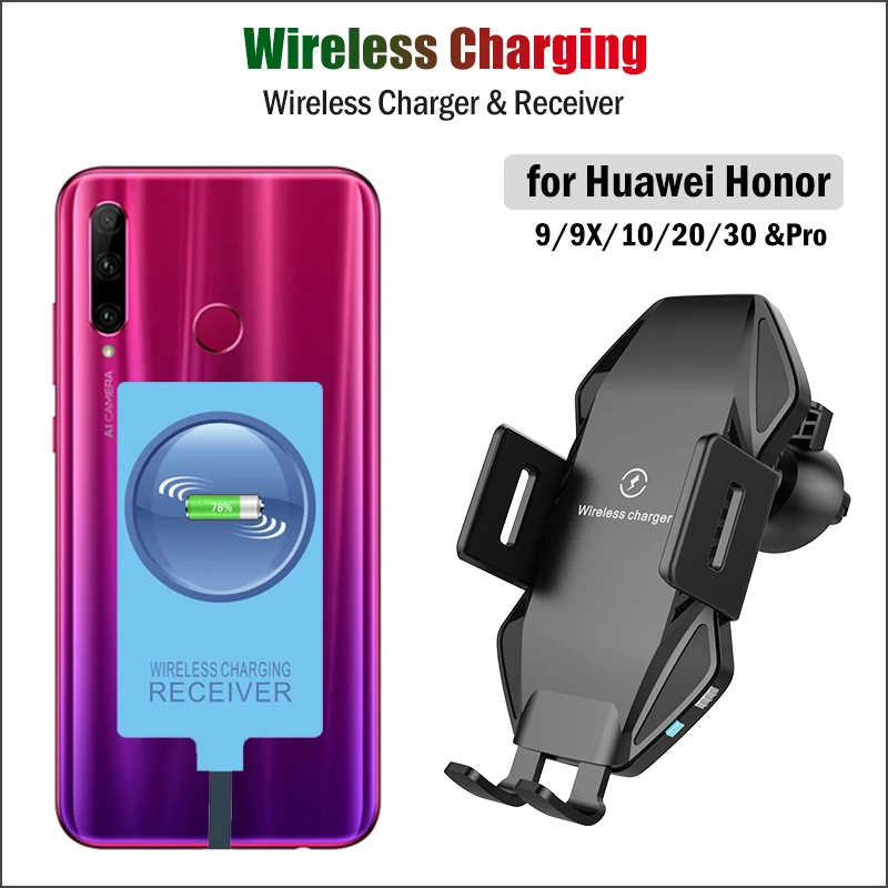 Qi Car Wireless Charging Stand for Huawei Honor 9 9X 10 20 30 Pro Wireless Charger&USB Type-C Receiver Car Phone Holder
