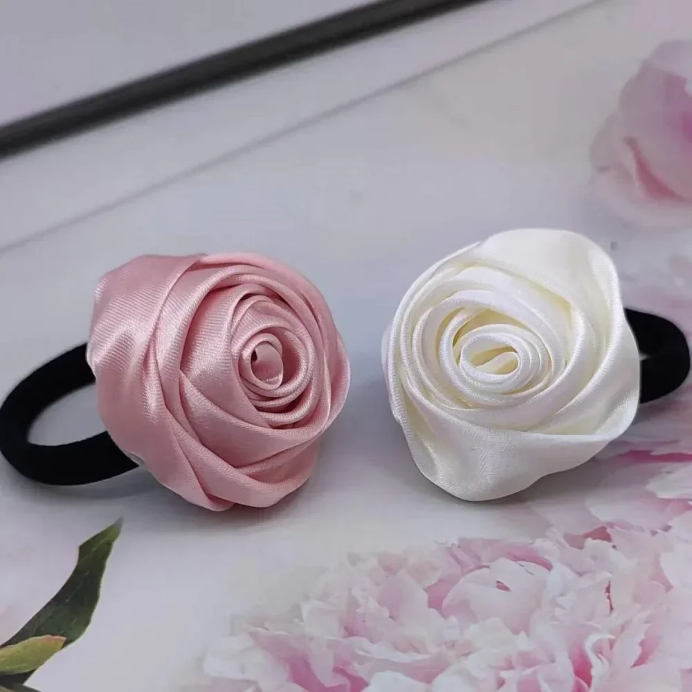 French Style Retro Rose Satin Hair Scrunchie - Artistic Glossy Floral Hair Accessory