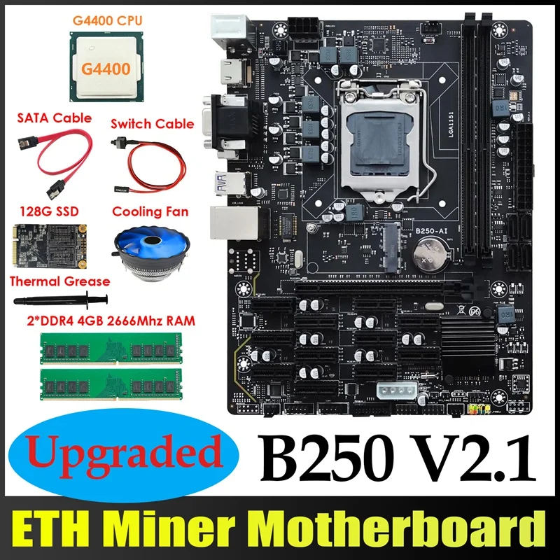 B250 Eth Miner Motherboard 12pcie+g4400 Cpu+2xddr4 4gb Ram+128g Msata