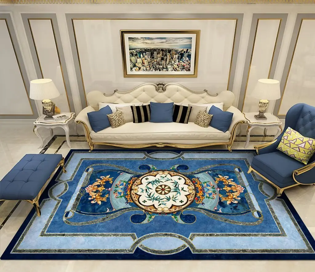 Blue European Luxury Pattern Carpets Room Decoration Living Room Area Rug Home Anti-slip Floor Mat Children Bedroom Carpet Large 6