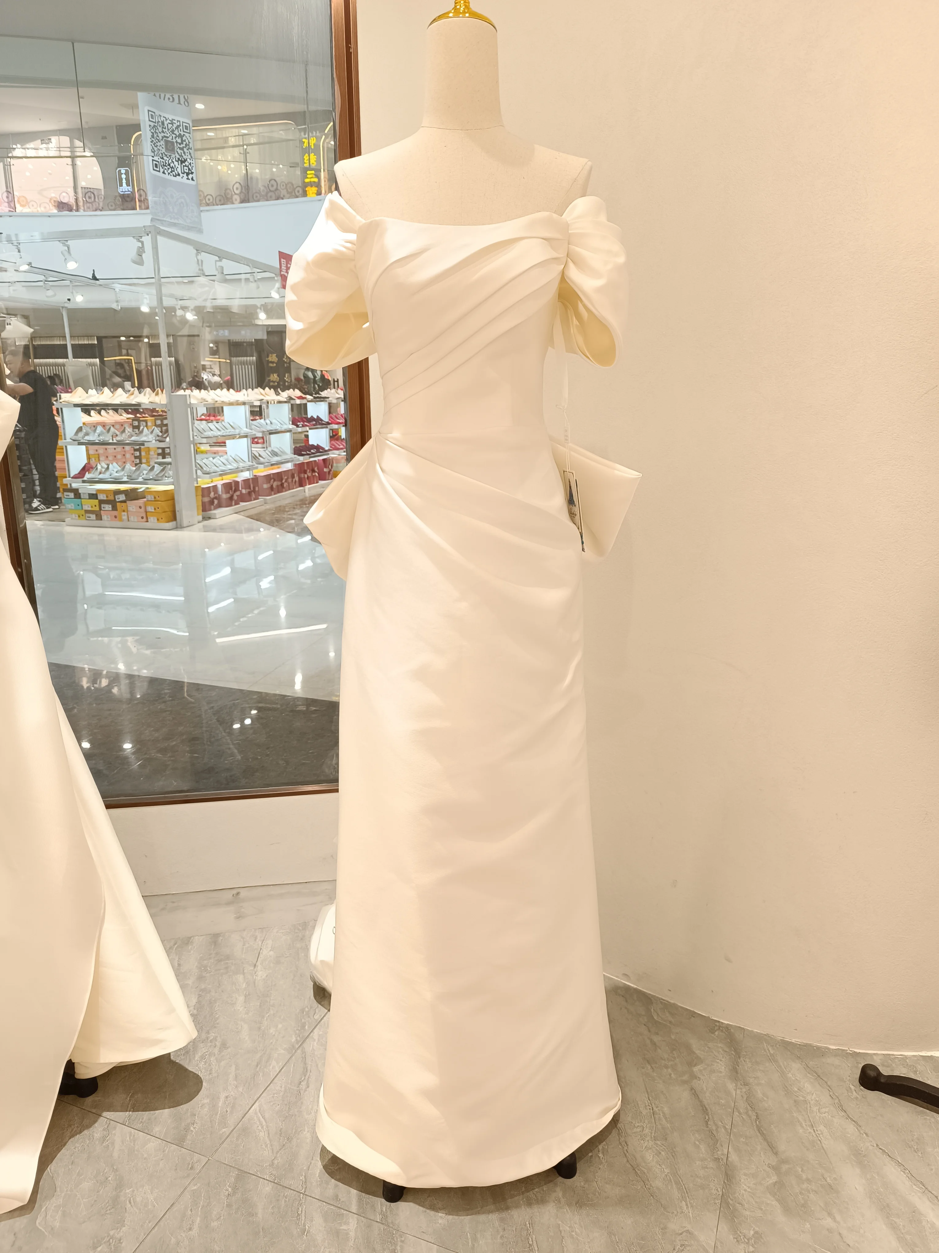 

Mermaid Mikado Removable Sleeve Off the Shoulder Sweep Train Wedding Dress